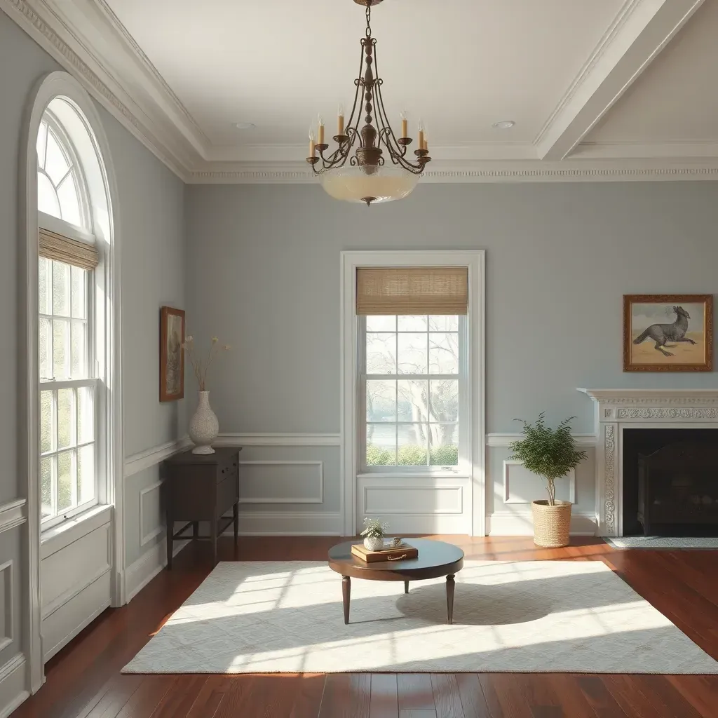 Interior of a Meadowbrook, VA living room with freshly painted soft taupe walls, natural light, modern furniture, and painting tools.