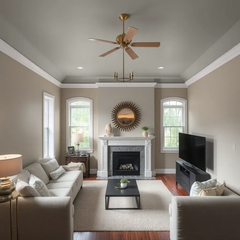 Interior living room in Glen Allen, VA, with freshly painted neutral walls, natural light, modern decor, and painting tools.