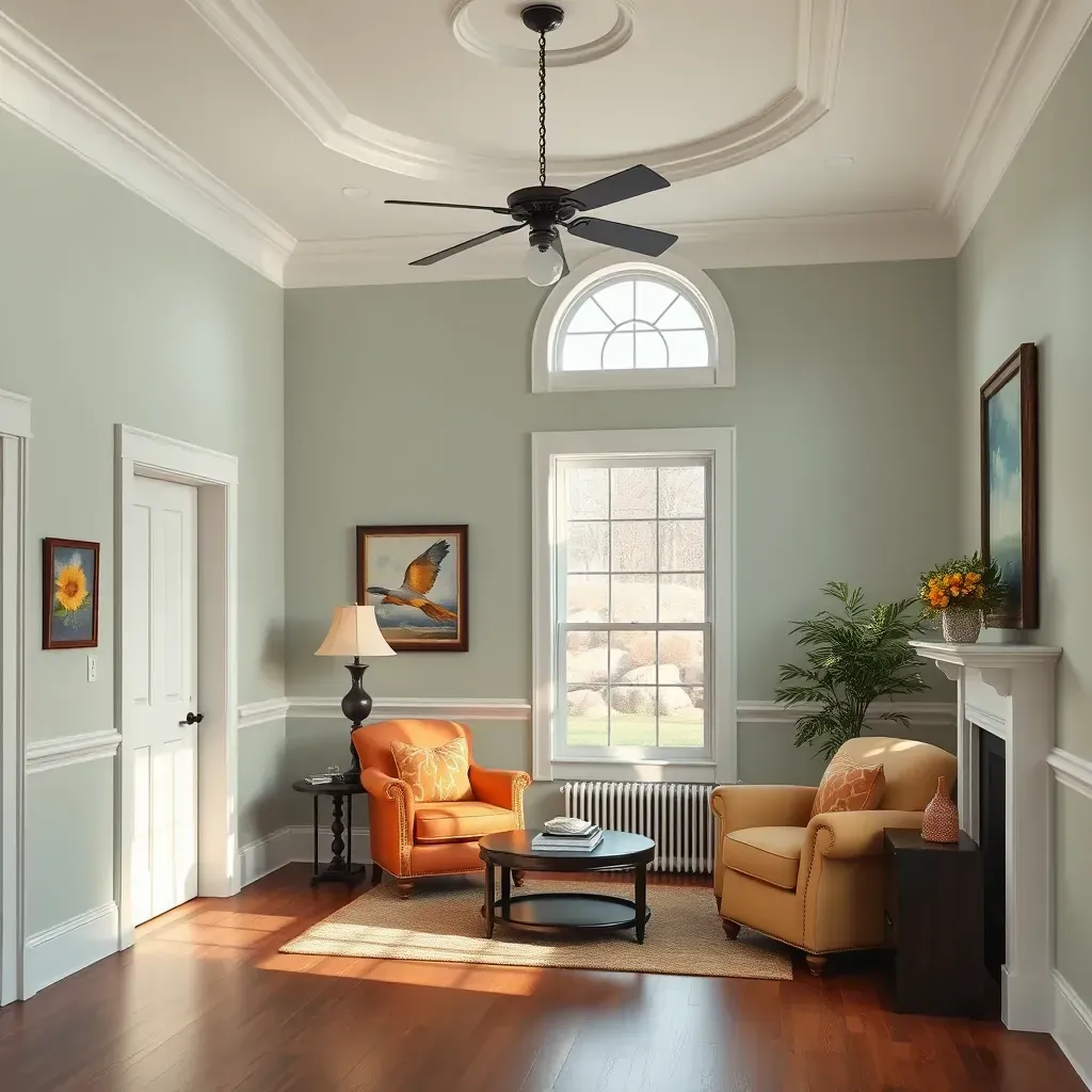 Spacious Lakeside, VA living room with neutral-colored walls, painter's tools, drop cloths, and natural light.