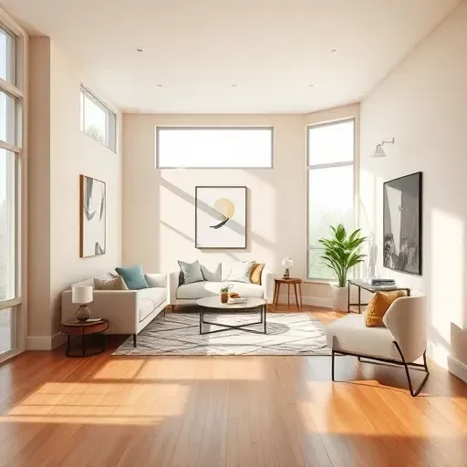 Renovated modern living room in Henrico VA with flawless beige taupe walls, hardwood floors, natural lighting, and stylish decor