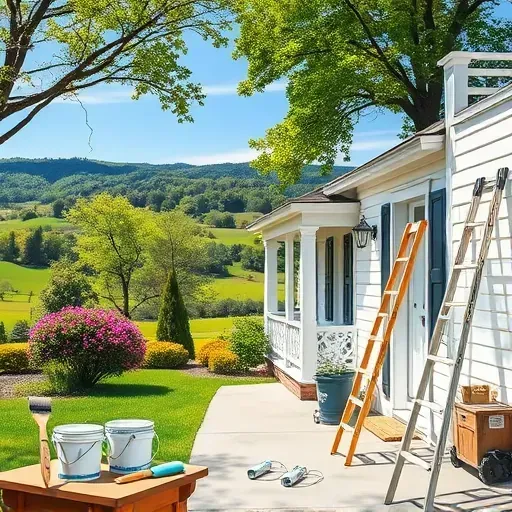 Montpelier, VA home with freshly painted white exterior, surrounded by lush greenery, tools, and a scenic landscape.