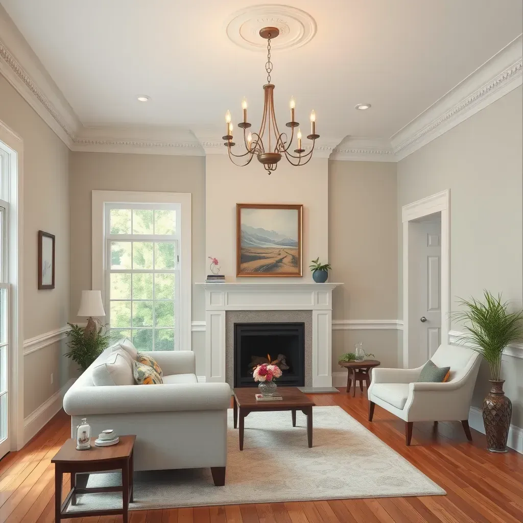 Interior painting scene in Varina, VA, featuring a painter with tools and fresh wall paint in a cozy room.