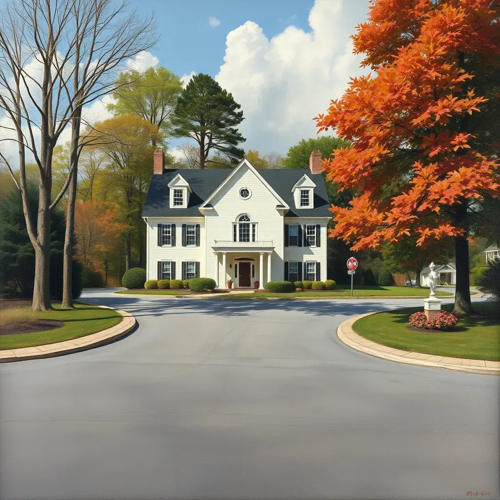 Painting of Virginia’s landscape with autumn trees, rolling hills, and a distant river in Tuckahoe, VA, displayed in an elegant gallery.