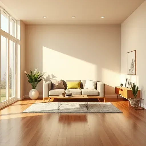 Freshly painted neutral interior wall in a modern Bensley VA living room with natural light, stylish furniture, and warm hardwood floors