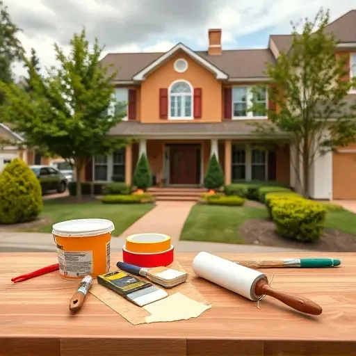 Freshly painted home exterior in Bon Air, VA, with vibrant earth-toned walls, painting tools, lush greenery, and sunny skies.