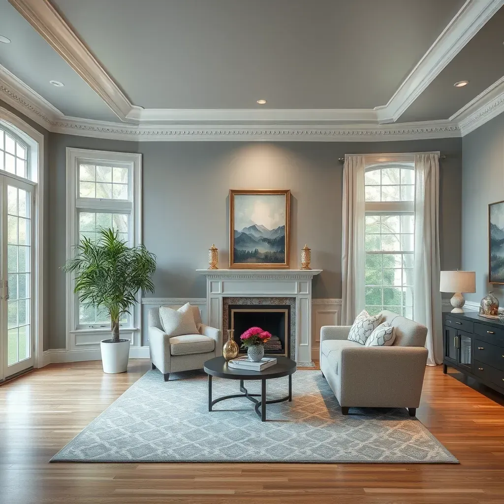 Interior of a freshly painted Highland Springs, VA living room with modern decor, large windows, and natural lighting.