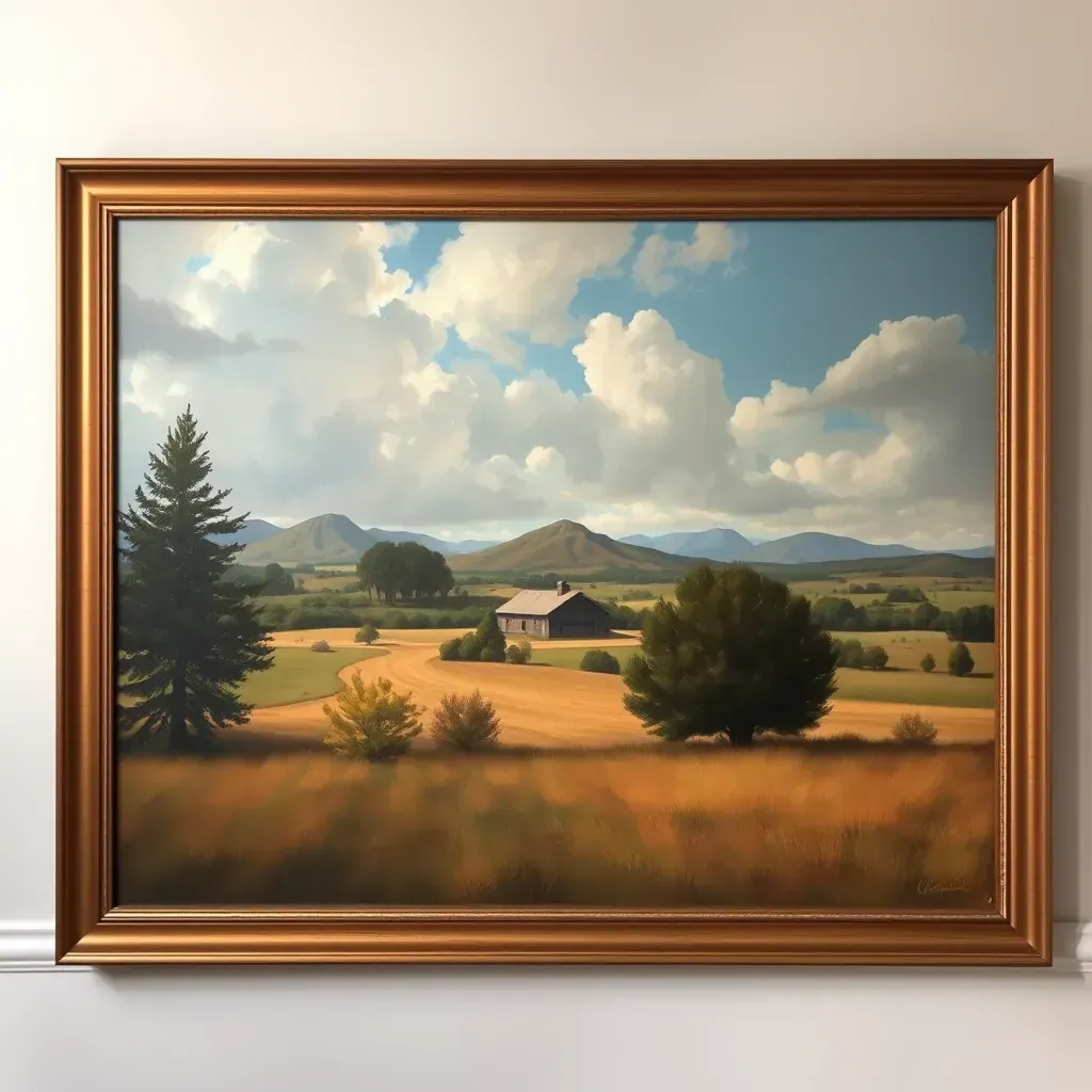 Serene Virginia countryside with green fields, winding lane, farmhouse, trees, rolling hills, and river at sunset.
