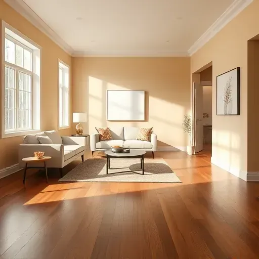 Freshly painted beige interior with polished hardwood flooring, modern decor, and natural sunlight in Hopewell, VA.
