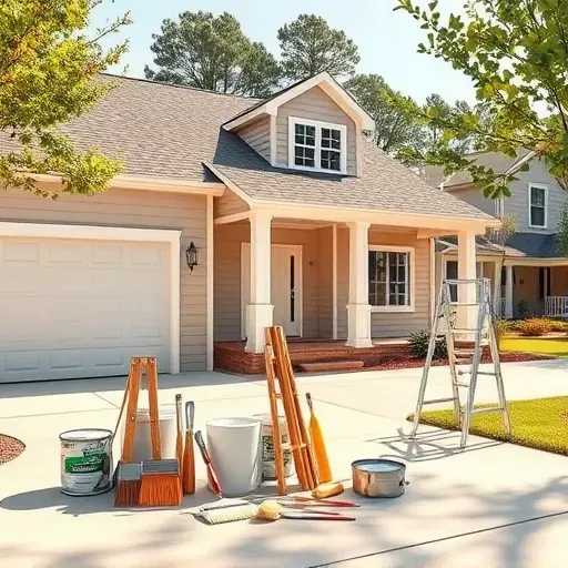 Chester, VA painting contractor's workspace with a freshly painted beige house, organized tools, and a clean yard.