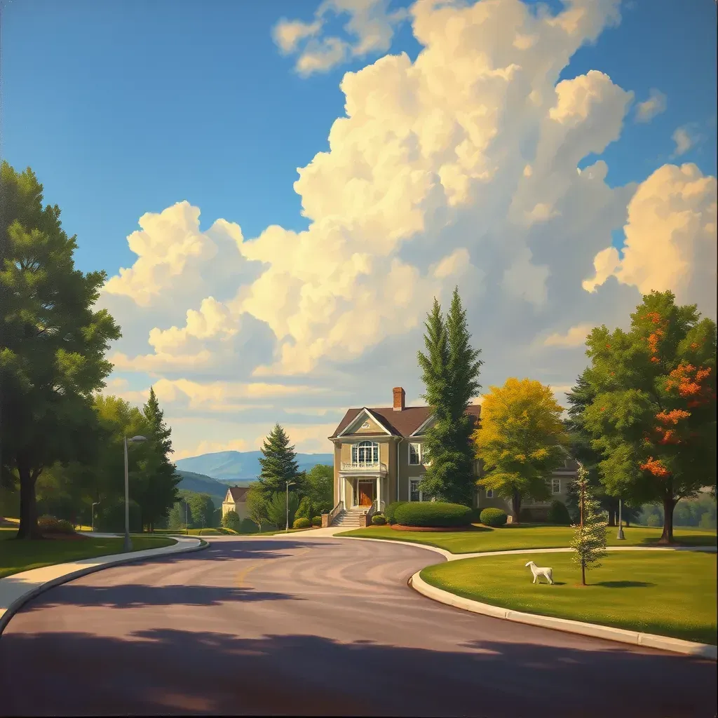 A scenic view of Highland Springs, VA featuring lush greenery, a river, historic homes, and a vibrant community atmosphere.