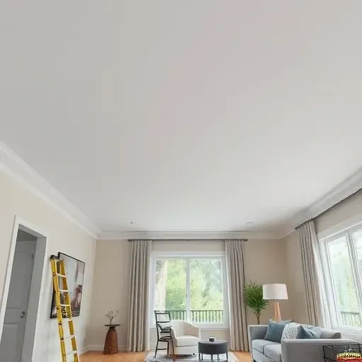 Pristine renovated smooth ceiling in a modern living room with natural light, neutral walls, minimal furniture, and renovation tools