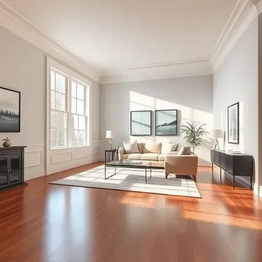 Beautiful living room in Midlothian VA with neutral walls, crown molding, hardwood floors, stylish decor, and natural light.