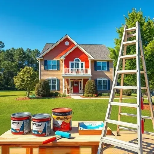 Painted house exterior in Sandston, VA, with vibrant colors, painting tools, and a maintained yard showing quality craftsmanship.