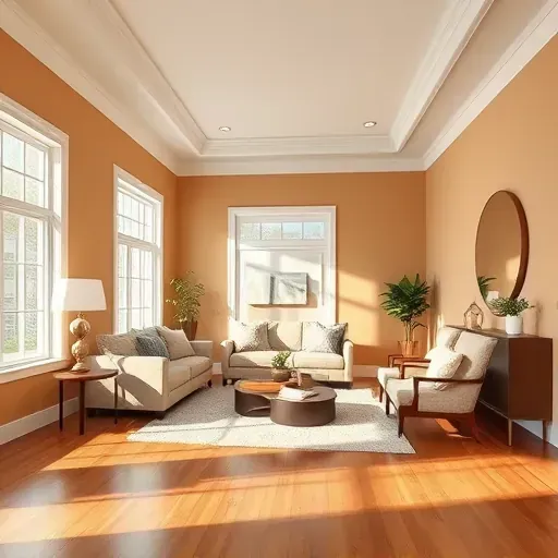 Freshly painted modern living room in Colonial Heights VA with warm colors, natural light, hardwood floor, stylish decor, and detailed architectural features