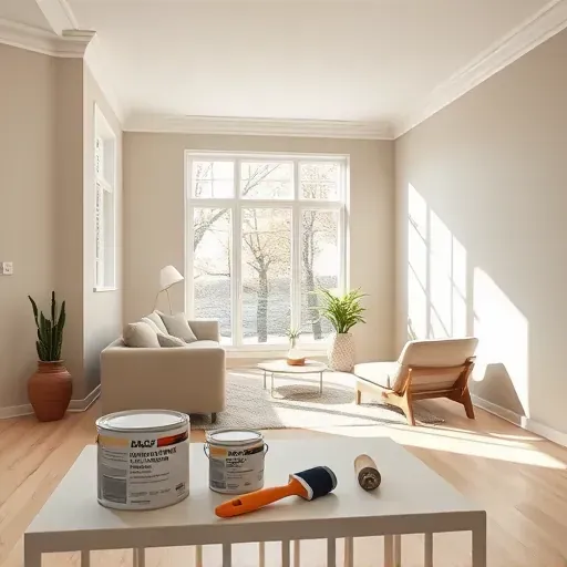 Freshly painted modern interior room in Montrose VA with smooth beige walls, paint supplies, and stylish decor.