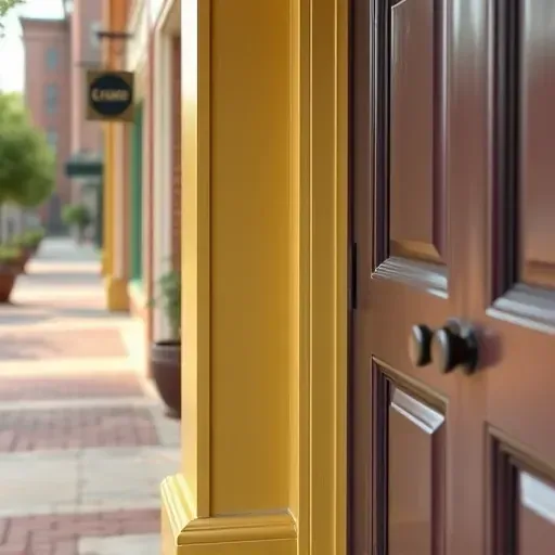 Freshly painted storefront in Richmond VA with vibrant walls and a glossy door reflecting sunlight, in a charming downtown street scene