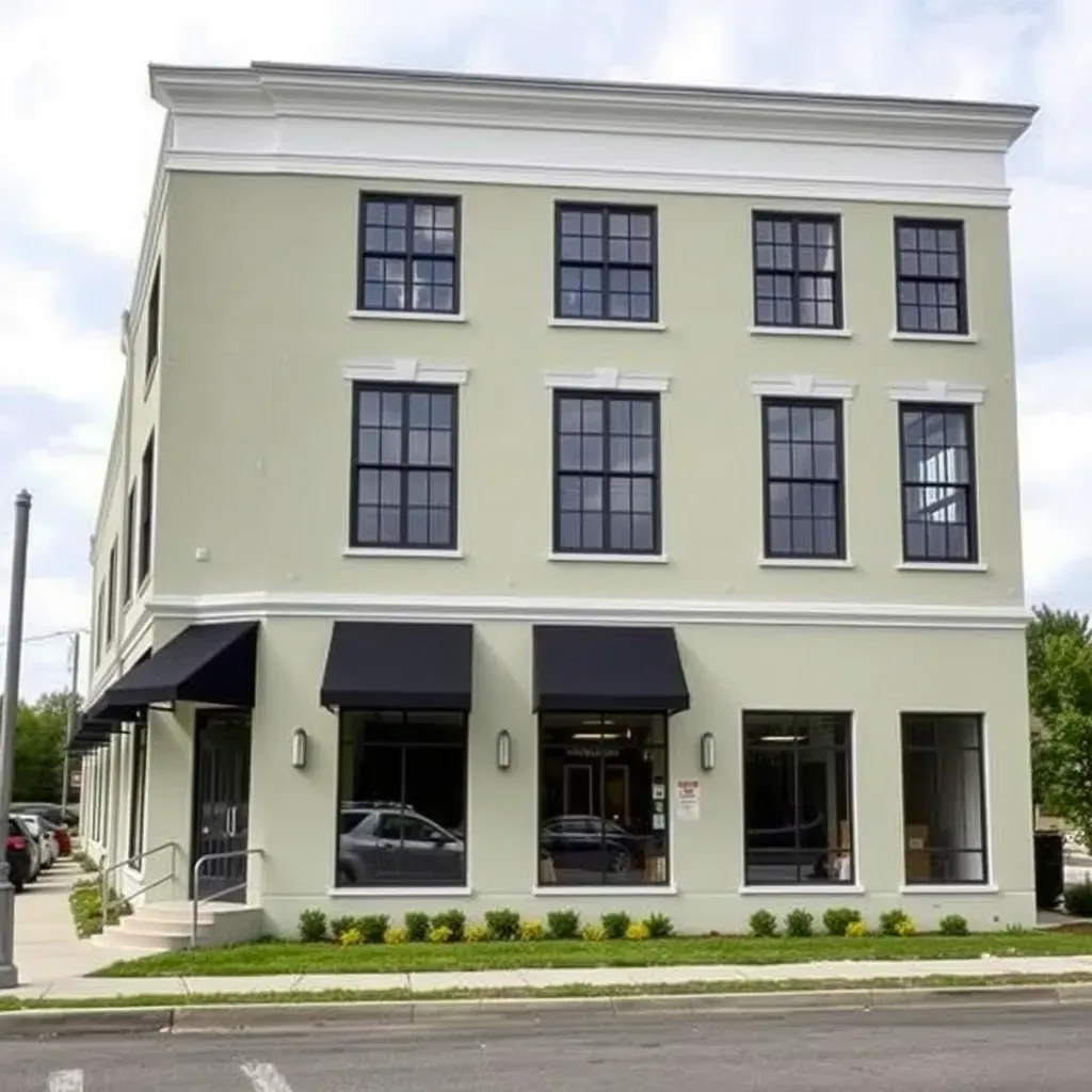 Exterior of a modern Richmond, VA commercial building with vibrant walls, large windows, greenery, and historic hints.