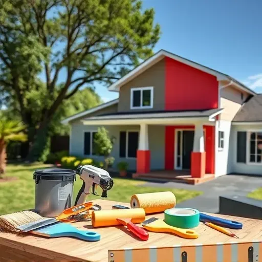 Professional outdoor painting scene in Midlothian, VA with vibrant home exterior, tools, and lush natural background.
