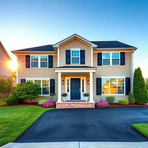 Beautifully painted suburban home in Bon Air VA with beige and white colors, navy shutters, and lush landscaping.