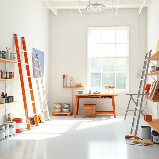 Modern Chester, VA painting workshop with organized tools, vibrant painted wall, bright natural light, and professional atmosphere.