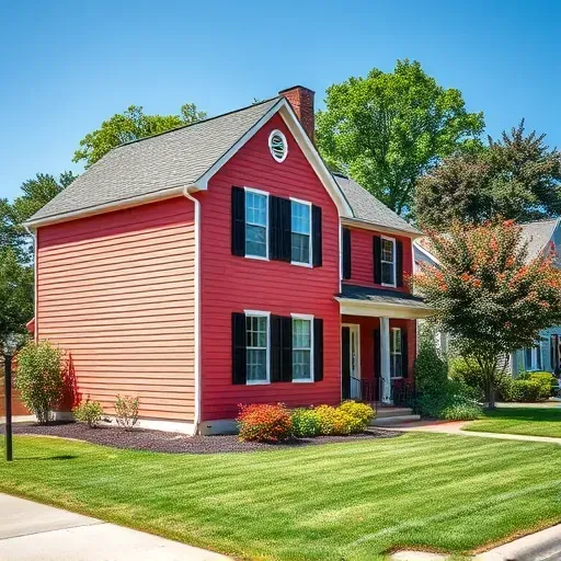 Freshly painted vibrant siding on a house in Richmond Virginia with crisp lines, lush landscaping, and bright natural light