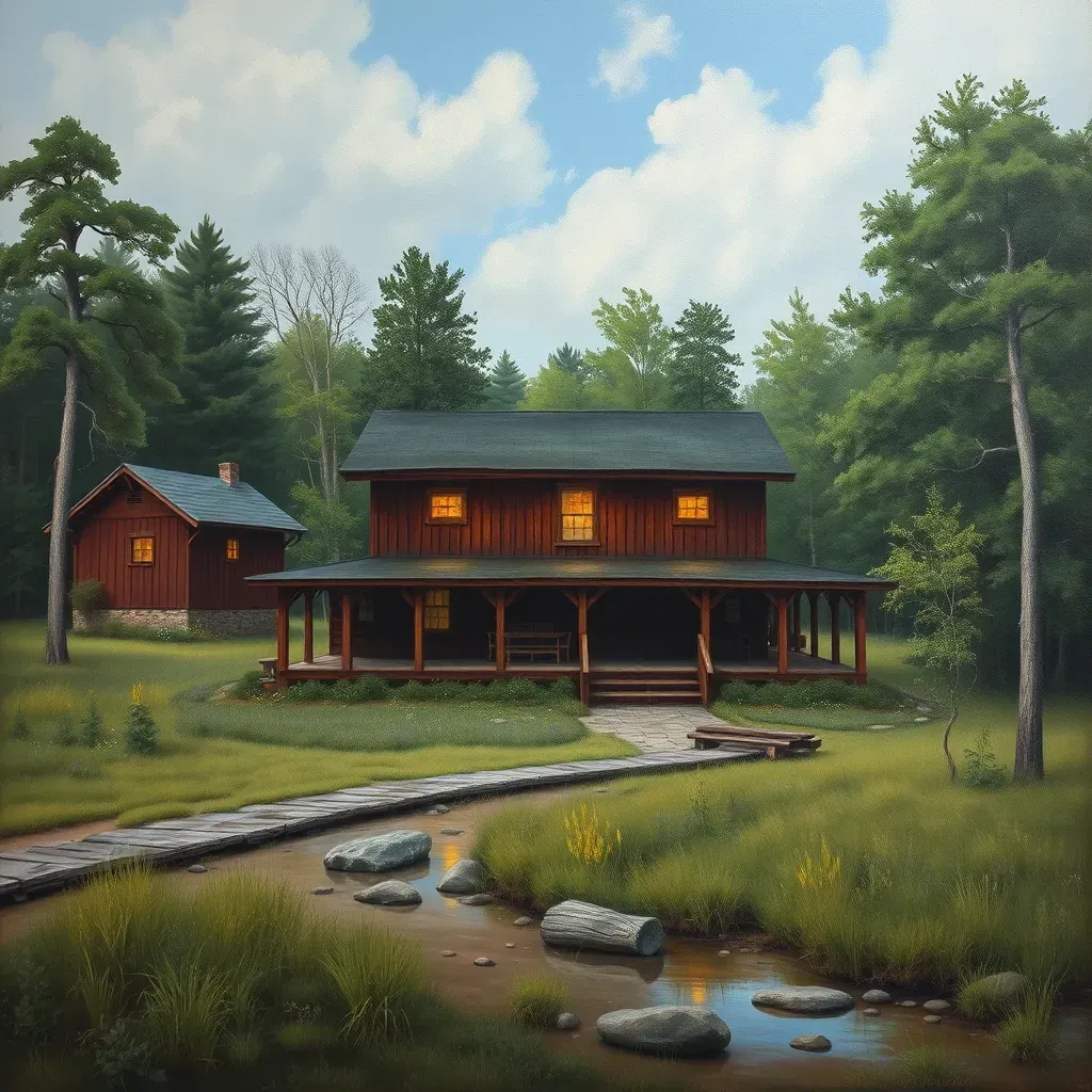 Serene Virginia landscape painting of lush fields, a red barn, oak trees, and distant forest in Manakin Sabot.