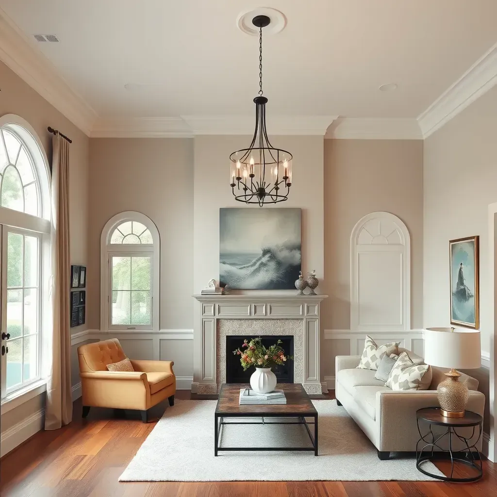 Interior living room in Short Pump, VA, with warm beige walls, polished hardwood floors, natural light, and professional painting tools.