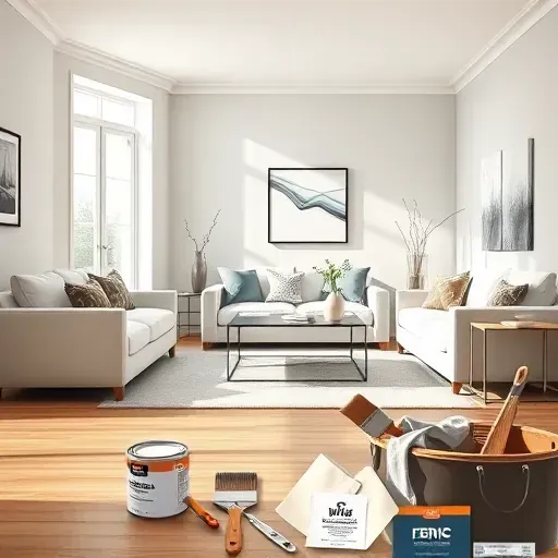 Beautifully painted living room in New Kent VA with neutral walls, modern furniture, natural light, and organized painting tools