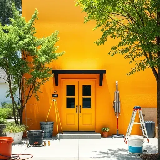 Pristine exterior wall of a Richmond VA paint business with vibrant fresh paint, organized workspace, and lush greenery.