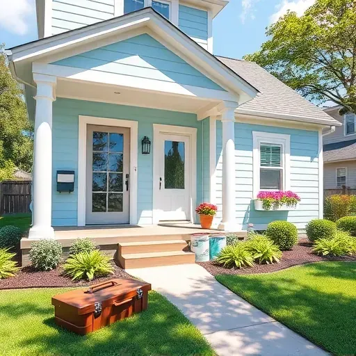 Completed painting project in Bellwood VA featuring a pastel blue house with white trim and decorative porch elements.