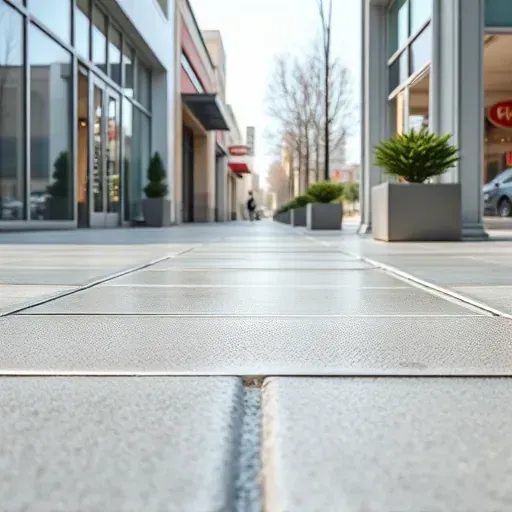 Freshly painted vibrant concrete sidewalk with crisp lines in Richmond VA featuring modern storefront and urban details