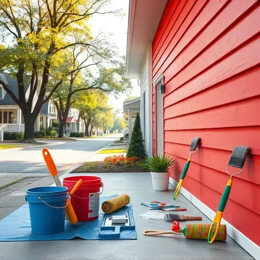 Professional residential exterior painting workspace in Colonial Heights, VA, with freshly painted siding and organized tools.