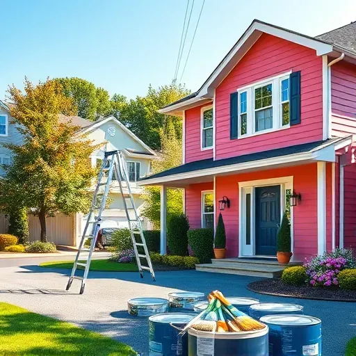 Freshly painted residential house in Glenburnie, VA with vibrant, flawless exterior, lush neighborhood, and professional painting tools.