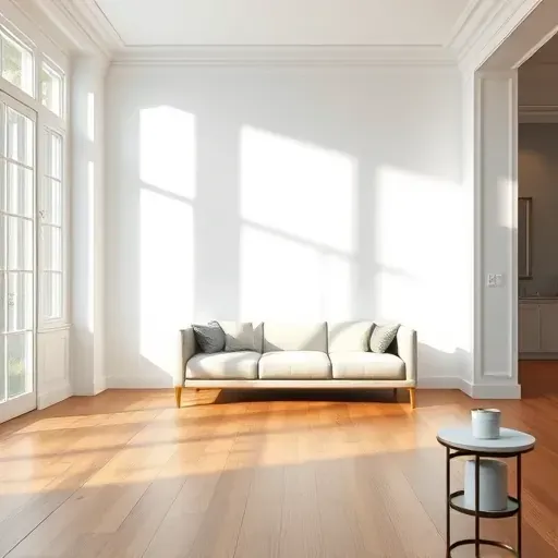 Freshly painted white wall in modern living room with natural light, minimalist decor, and a paintbrush on side table.