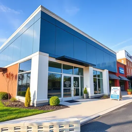 Freshly painted modern commercial building in Richmond VA with vibrant flawless facade, clean lines, large windows, and landscaping