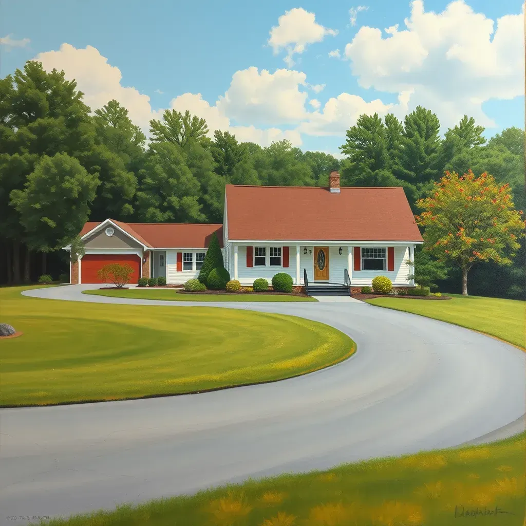 Powhatan, VA scene featuring a weathered barn, lush trees, winding dirt path, wildflowers, and a pastel sunset sky.