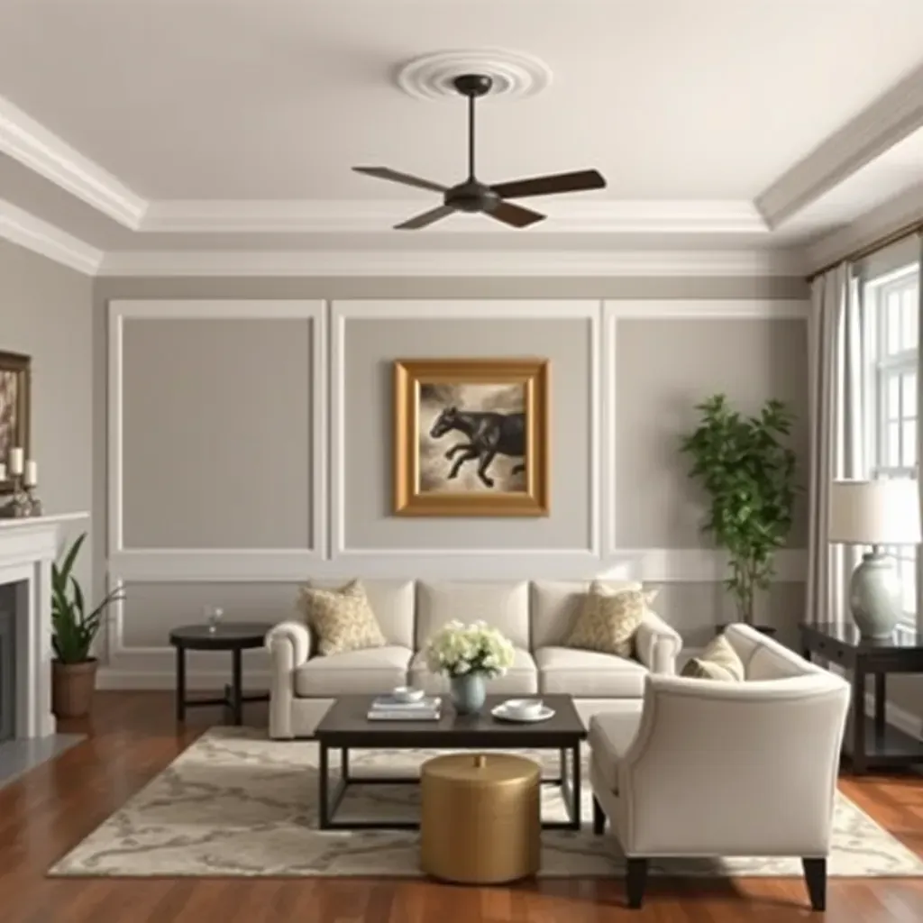 Interior living room in Short Pump, VA with freshly painted beige walls, modern furniture, natural light, and painting supplies.