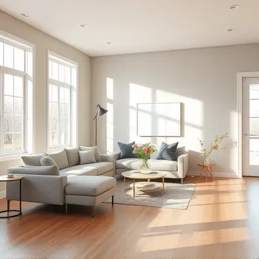 Freshly painted Richmond VA interior room with soft gray walls, modern decor, natural light, and minimalistic furniture.