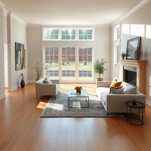 Interior of a freshly painted, modern Ashland, VA living room with neutral walls, elegant furniture, hardwood flooring, and natural light.