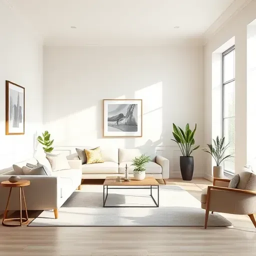 Freshly painted modern living room in Montrose, VA with neutral walls, stylish furniture, plants, artwork, and natural light.