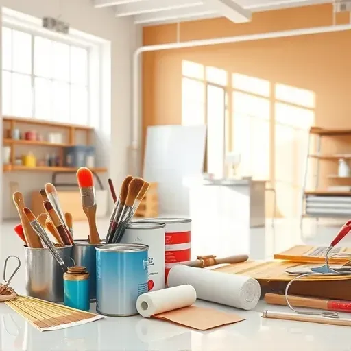 Pristine painting supplies workspace with organized brushes, paint cans, color swatches, and a finished wall.