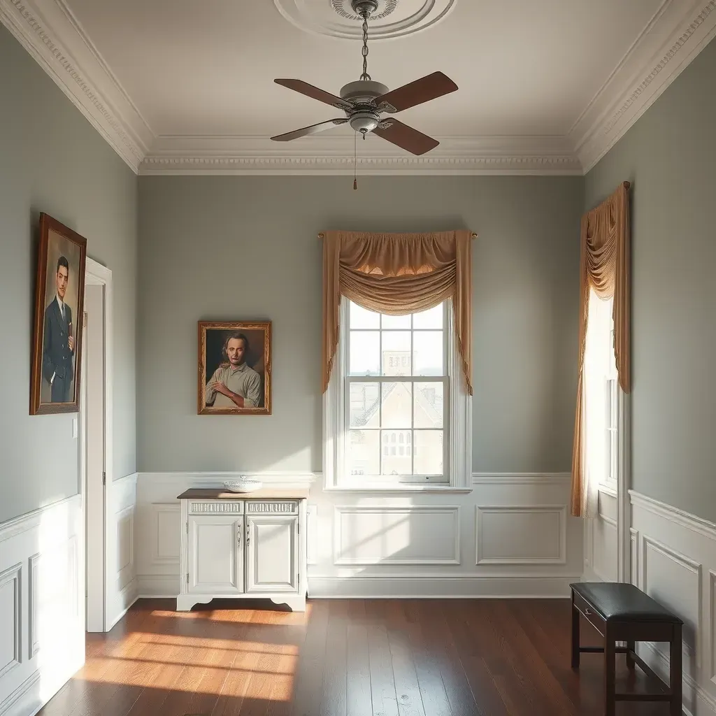 Interior living room in Petersburg, VA with freshly painted taupe walls, white trim, crown molding, and natural light.