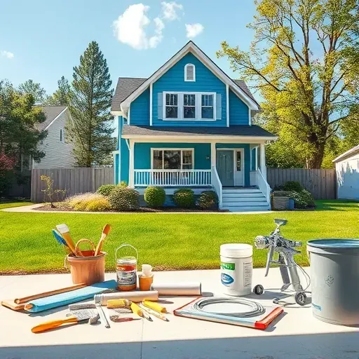 Professional outdoor painting workspace in Meadowbrook, VA, with tools, a freshly painted house, and lush greenery.