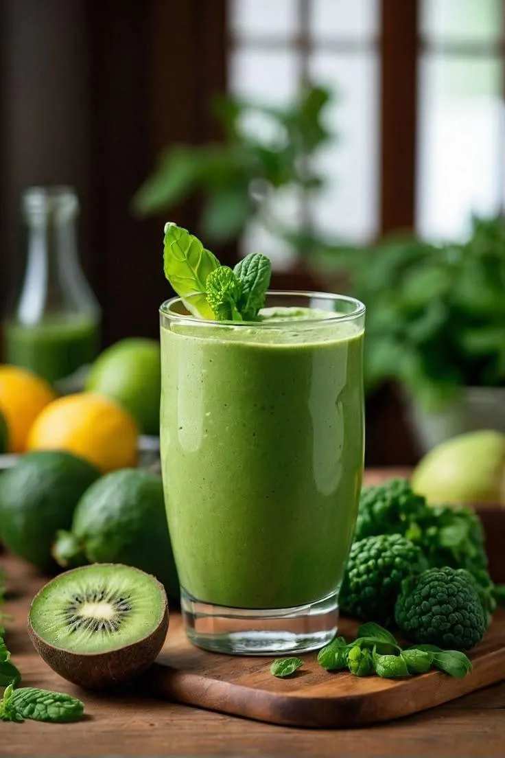 a green smoothie with an orange slice and a straw