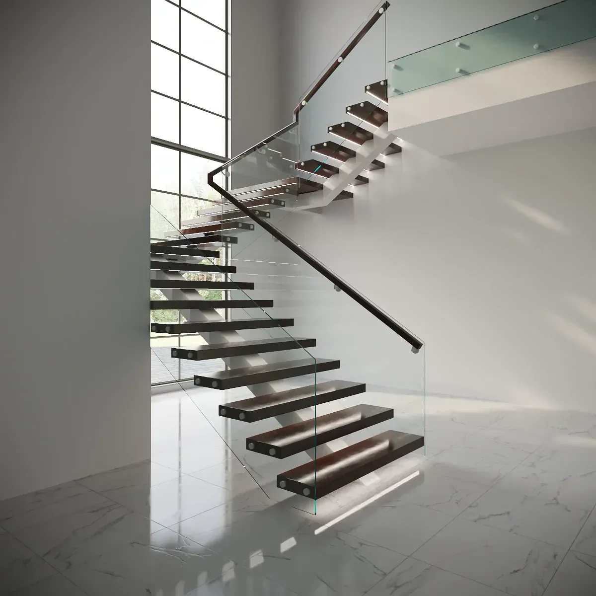 Concrete stairs with metal handrails leading upwards