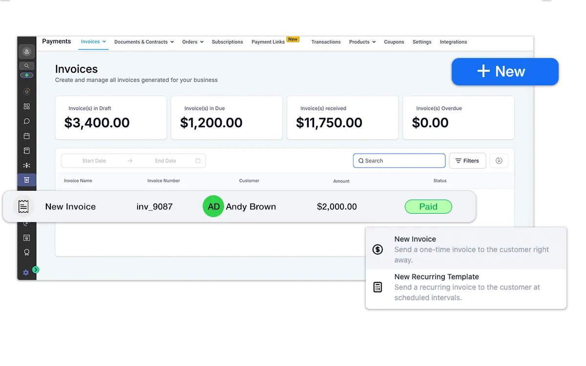 CRM invoice dashboard showing client billing, payment status and revenue tracking
