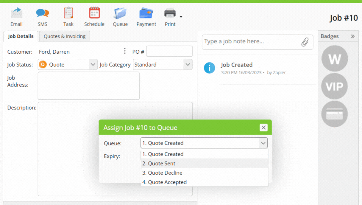 ServiceM8 job management dashboard showing quote creation and workflow automation