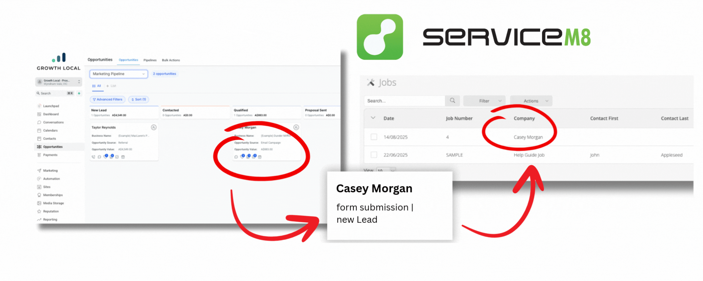 ServiceM8 casey morgan's dashboard showing customer profile and new lead