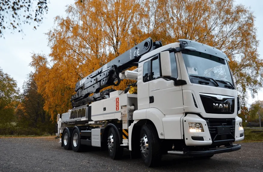 picture of one of our concrete pump boom trucks in Sacramento, CA