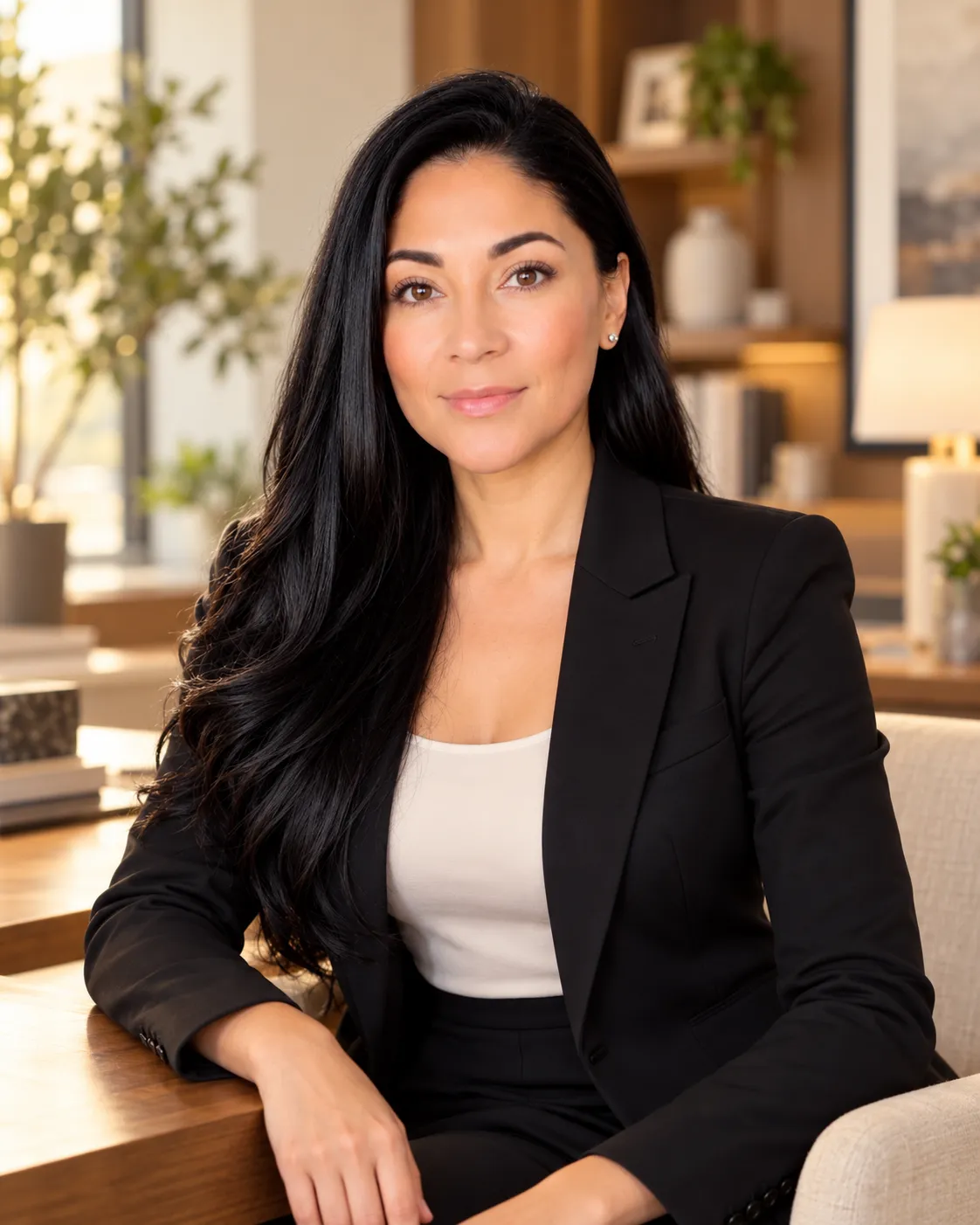 Professional portrait of Maria Franco indoors, smiling at the camera, wearing a dark blazer